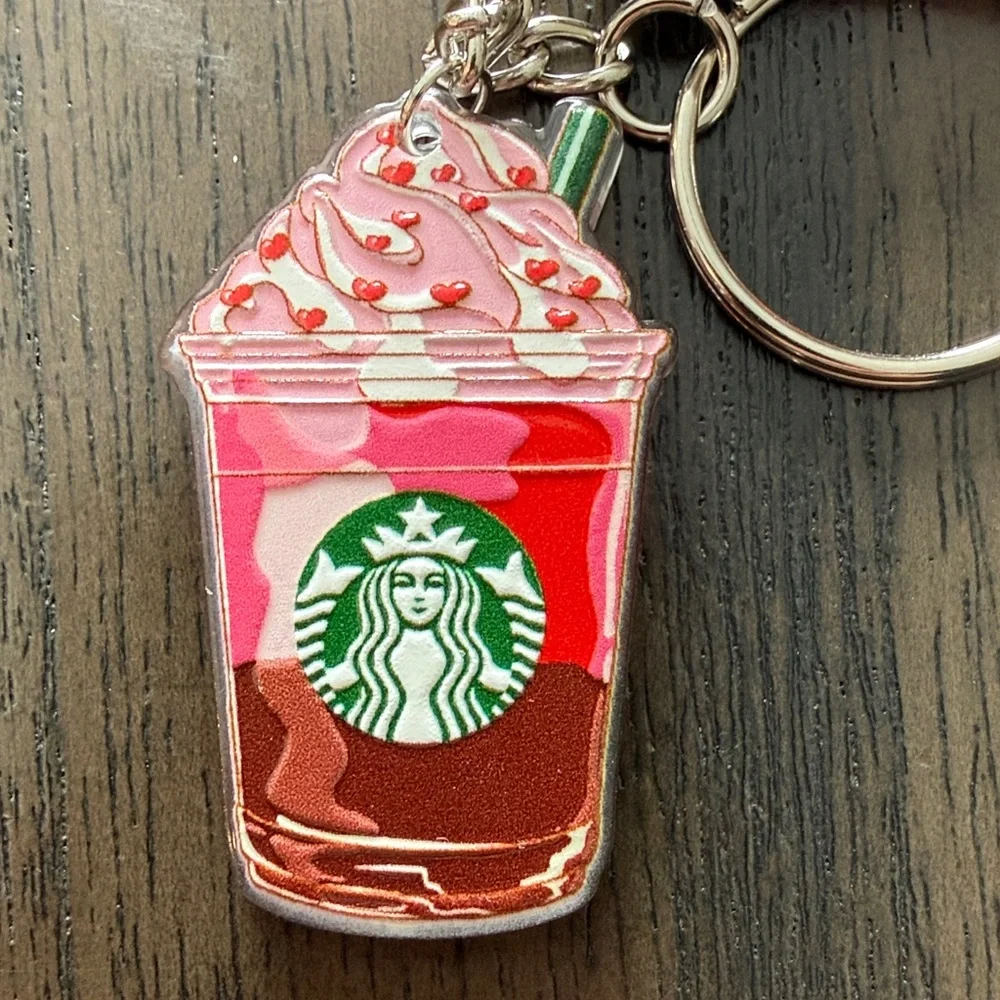 Starbucks inspired Chocolate Red and White Frappuccino Keychain with Pink tassle